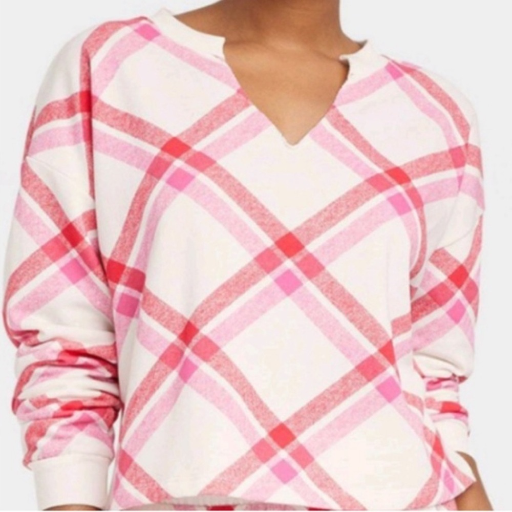 Colsie Women's Red and Pink Plaid Fleece Lounge Sweatshirt